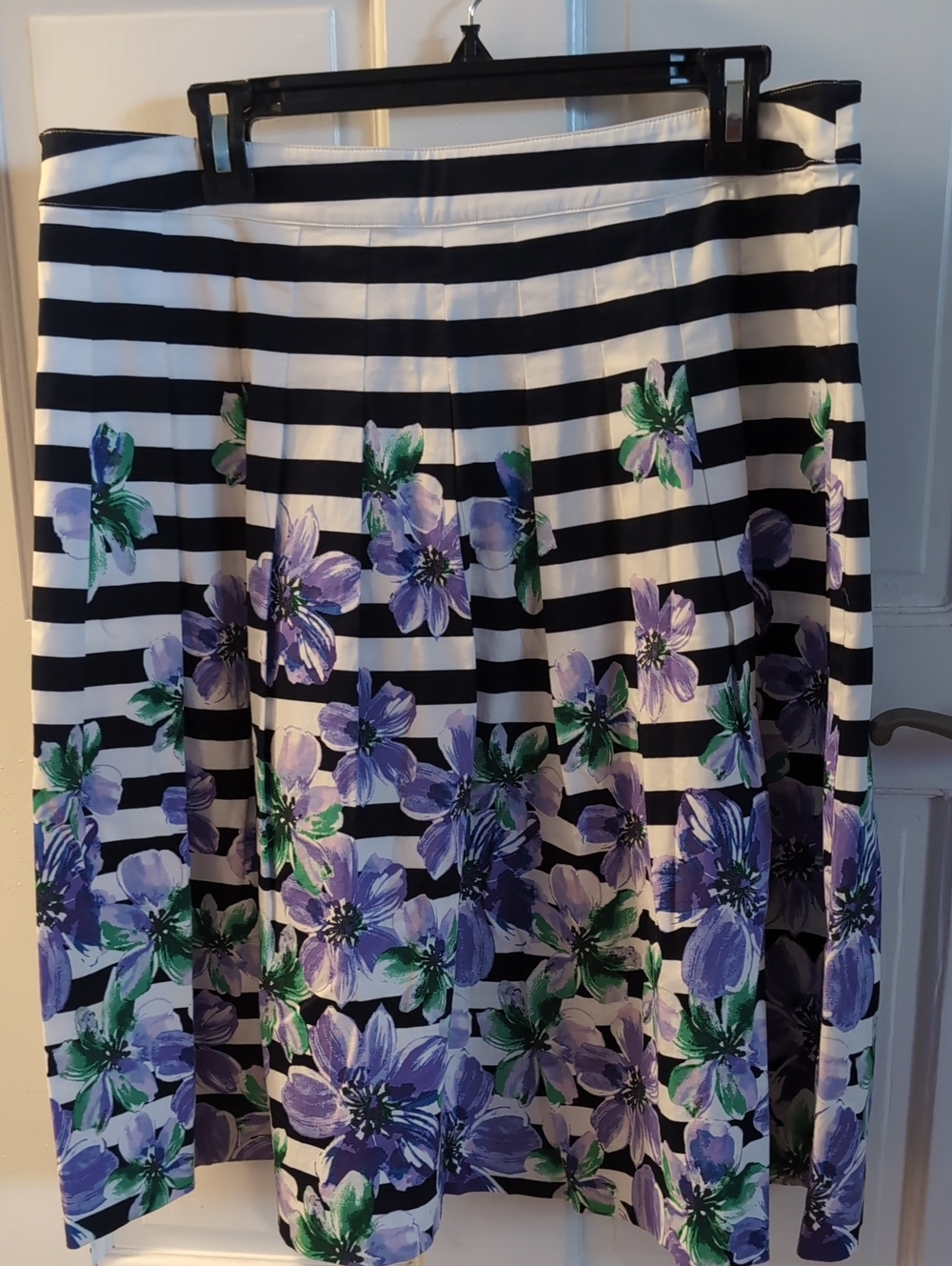 Talbots Black & White Striped Pleated Skirt with Purple Floral